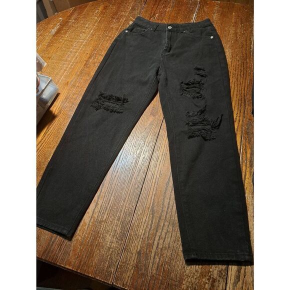 Small SheIn Black Distressed Denim Jeans Casual Pants with Pockets & Belt Loops - Picture 1 of 5